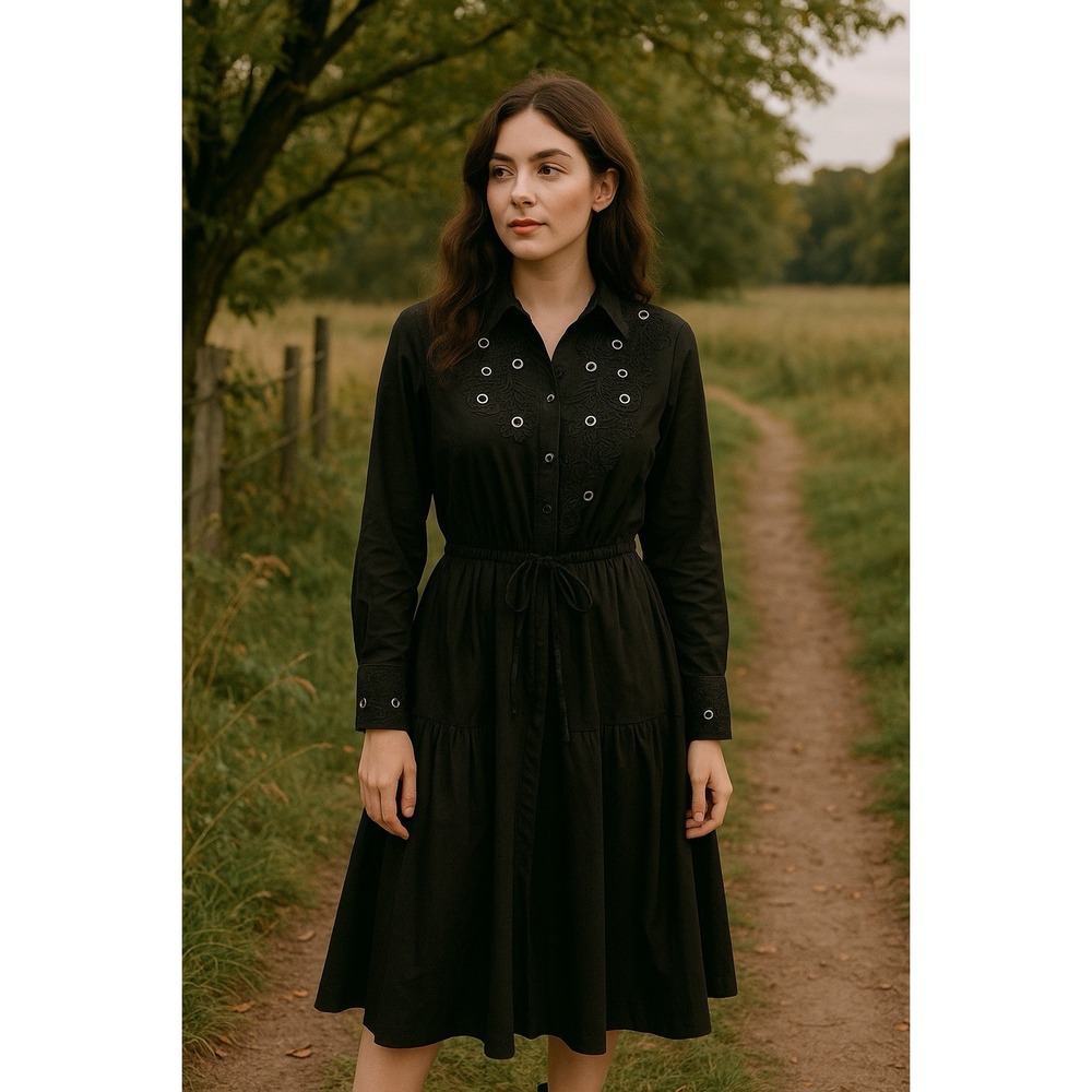 Chicos Midi Dress Womens 0 Black Grommet Lace Poplin‎ Gothic Office Evening